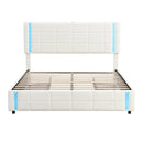 Queen Size Upholstered Platform Bed with LED Lights and USB Charging, Storage Bed with 4 Drawers, White - Supfirm