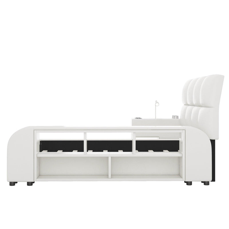 Queen Size Upholstered Platform Bed with Multimedia Nightstand and Storage Shelves, White - Supfirm