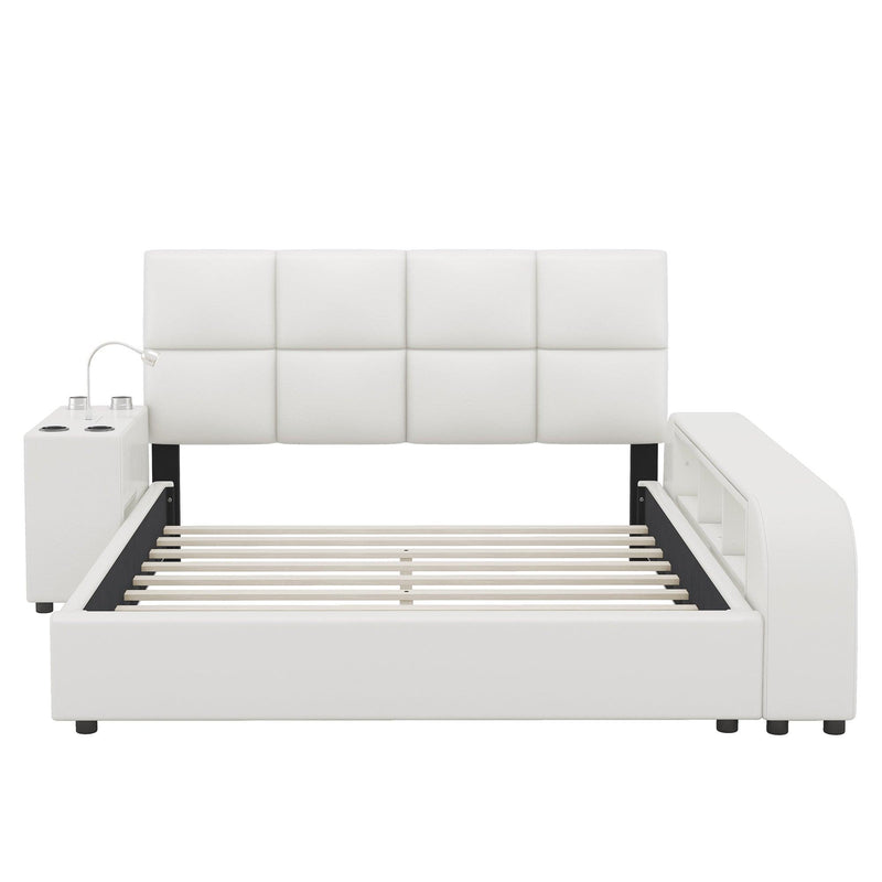 Queen Size Upholstered Platform Bed with Multimedia Nightstand and Storage Shelves, White - Supfirm