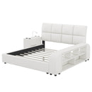 Queen Size Upholstered Platform Bed with Multimedia Nightstand and Storage Shelves, White - Supfirm