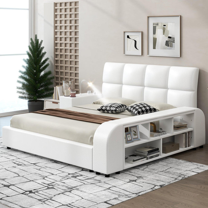 Queen Size Upholstered Platform Bed with Multimedia Nightstand and Storage Shelves, White - Supfirm