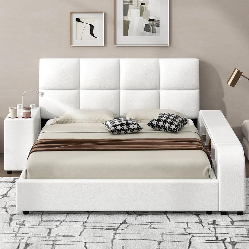 Queen Size Upholstered Platform Bed with Multimedia Nightstand and Storage Shelves, White - Supfirm