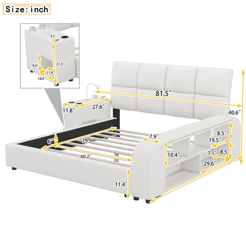 Queen Size Upholstered Platform Bed with Multimedia Nightstand and Storage Shelves, White - Supfirm