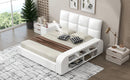 Queen Size Upholstered Platform Bed with Multimedia Nightstand and Storage Shelves, White - Supfirm