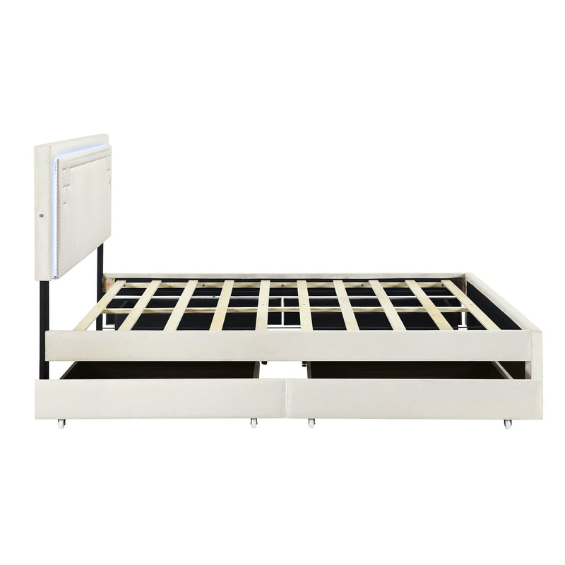 Queen Size Upholstered Platform Bed with Rivet-decorated Headboard, LED bed frame and 4 Drawers, Beige - Supfirm