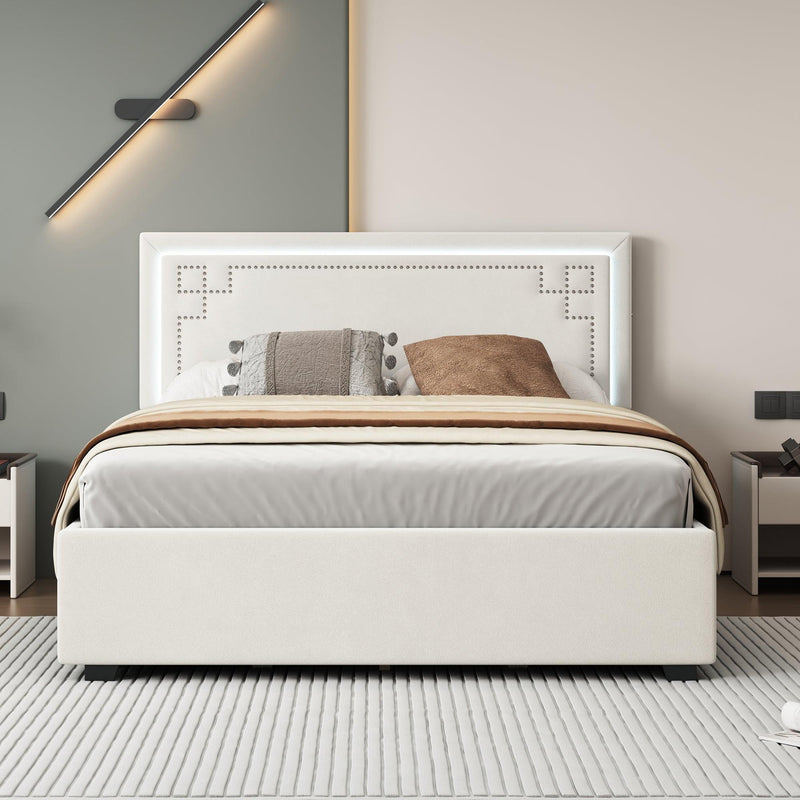 Queen Size Upholstered Platform Bed with Rivet-decorated Headboard, LED bed frame and 4 Drawers, Beige - Supfirm