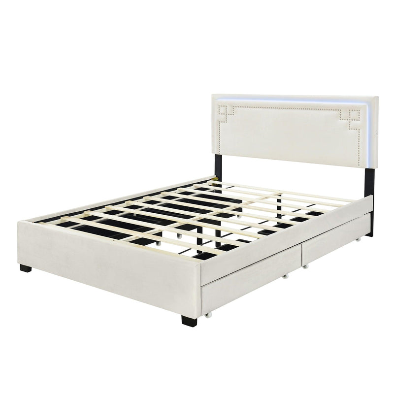 Queen Size Upholstered Platform Bed with Rivet-decorated Headboard, LED bed frame and 4 Drawers, Beige - Supfirm