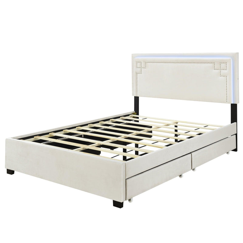 Queen Size Upholstered Platform Bed with Rivet-decorated Headboard, LED bed frame and 4 Drawers, Beige - Supfirm