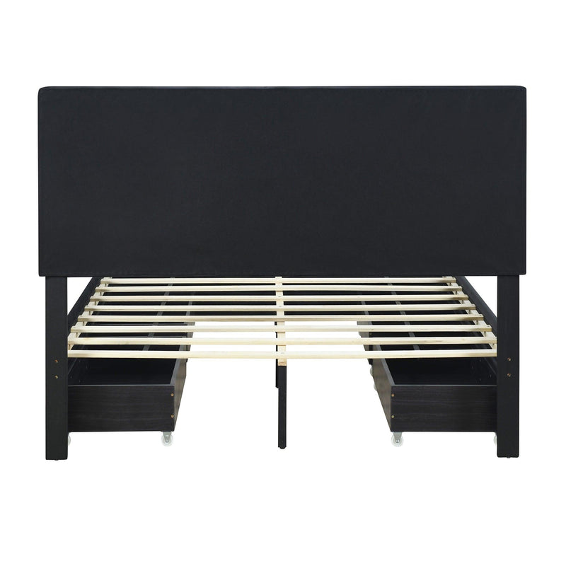 Queen Size Upholstered Platform Bed with Rivet-decorated Headboard, LED bed frame and 4 Drawers, Black - Supfirm