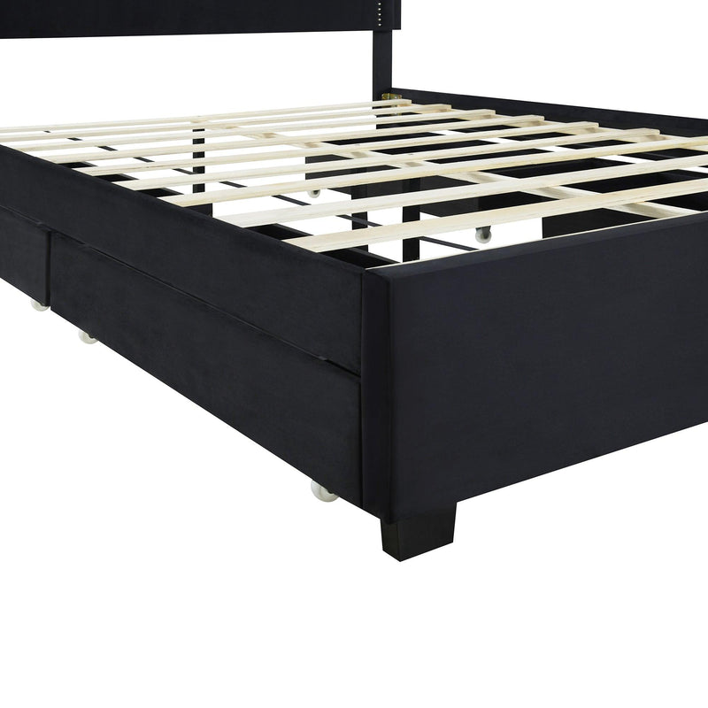 Queen Size Upholstered Platform Bed with Rivet-decorated Headboard, LED bed frame and 4 Drawers, Black - Supfirm