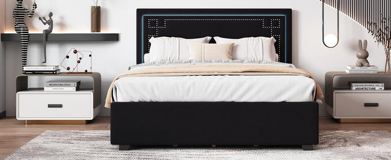 Queen Size Upholstered Platform Bed with Rivet-decorated Headboard, LED bed frame and 4 Drawers, Black - Supfirm