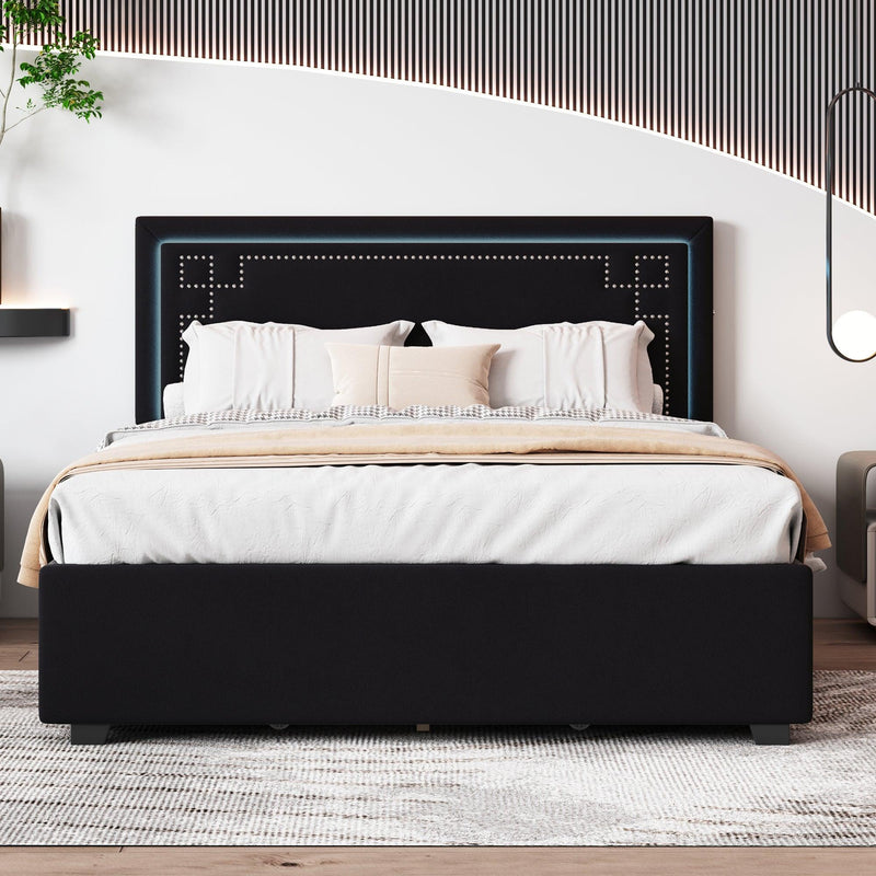 Queen Size Upholstered Platform Bed with Rivet-decorated Headboard, LED bed frame and 4 Drawers, Black - Supfirm