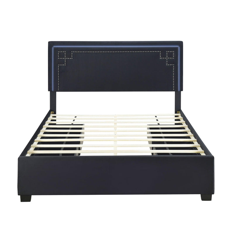 Queen Size Upholstered Platform Bed with Rivet-decorated Headboard, LED bed frame and 4 Drawers, Black - Supfirm