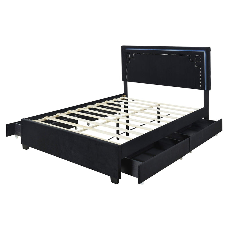 Queen Size Upholstered Platform Bed with Rivet-decorated Headboard, LED bed frame and 4 Drawers, Black - Supfirm