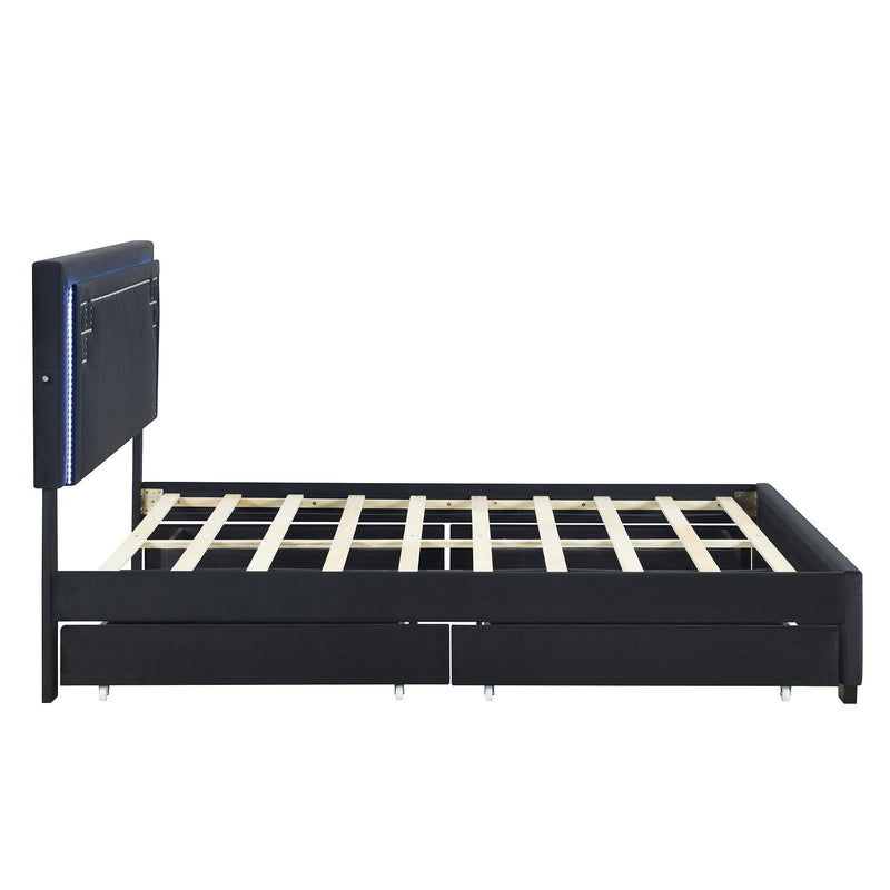 Queen Size Upholstered Platform Bed with Rivet-decorated Headboard, LED bed frame and 4 Drawers, Black - Supfirm