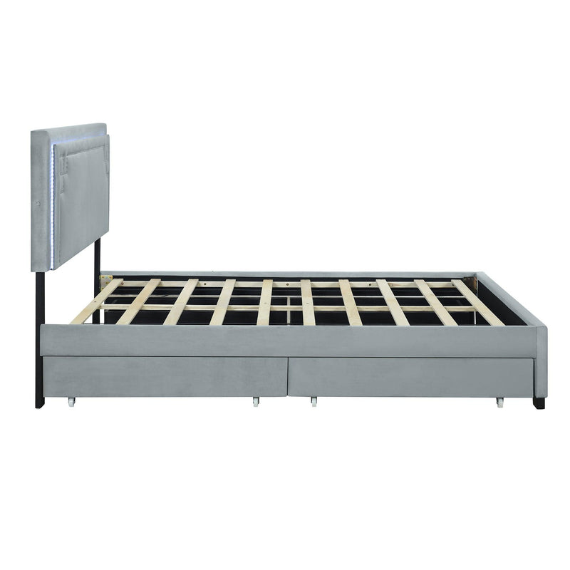 Queen Size Upholstered Platform Bed with Rivet-decorated Headboard, LED bed frame and 4 Drawers, Gray - Supfirm