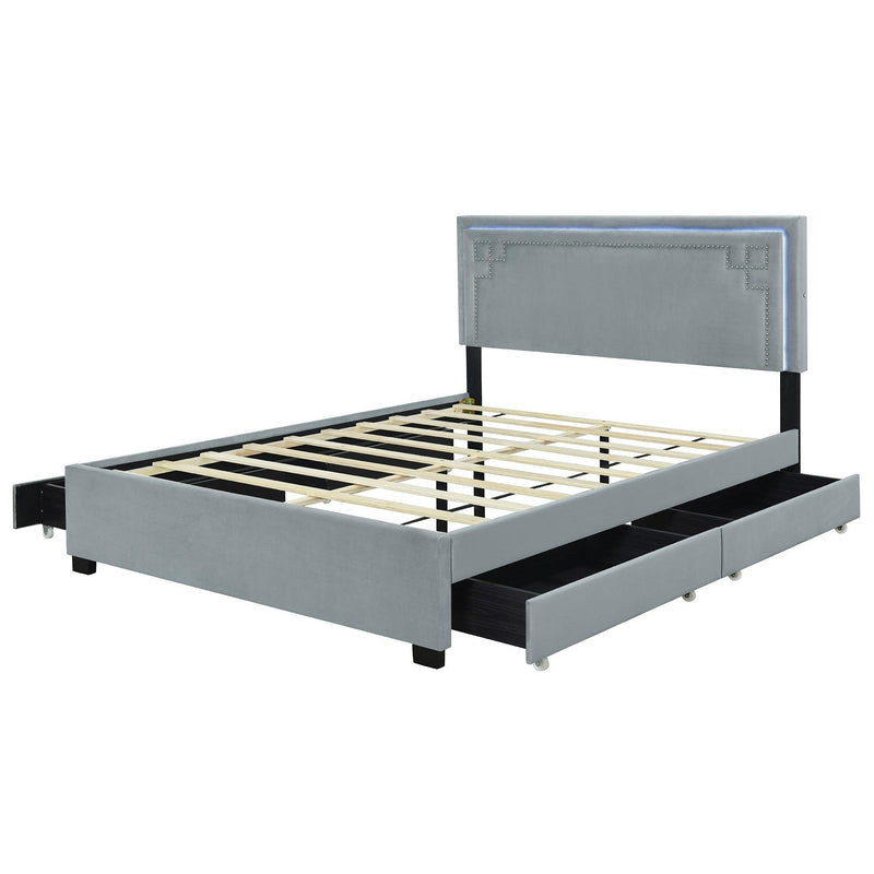 Queen Size Upholstered Platform Bed with Rivet-decorated Headboard, LED bed frame and 4 Drawers, Gray - Supfirm