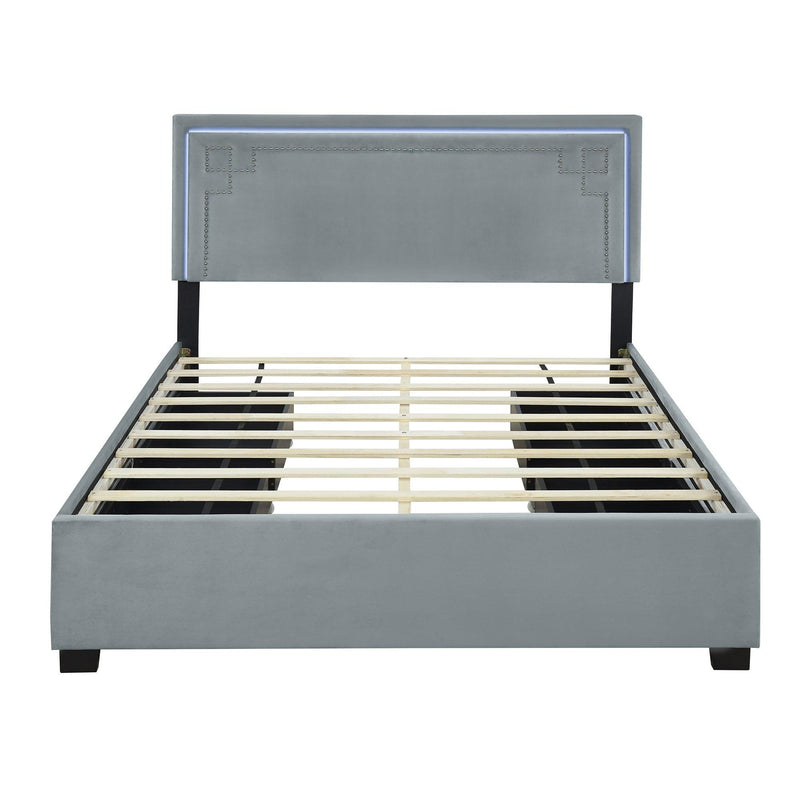 Queen Size Upholstered Platform Bed with Rivet-decorated Headboard, LED bed frame and 4 Drawers, Gray - Supfirm