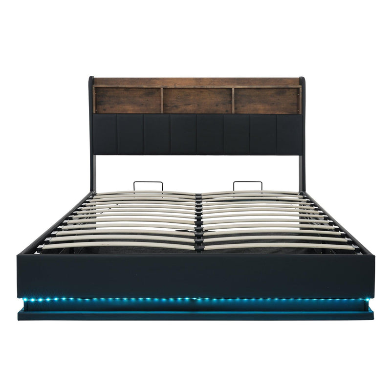 Queen Size Upholstered Platform Bed with Storage Headboard and Hydraulic Storage System, PU Storage Bed with LED Lights and USB charger, Black - Supfirm