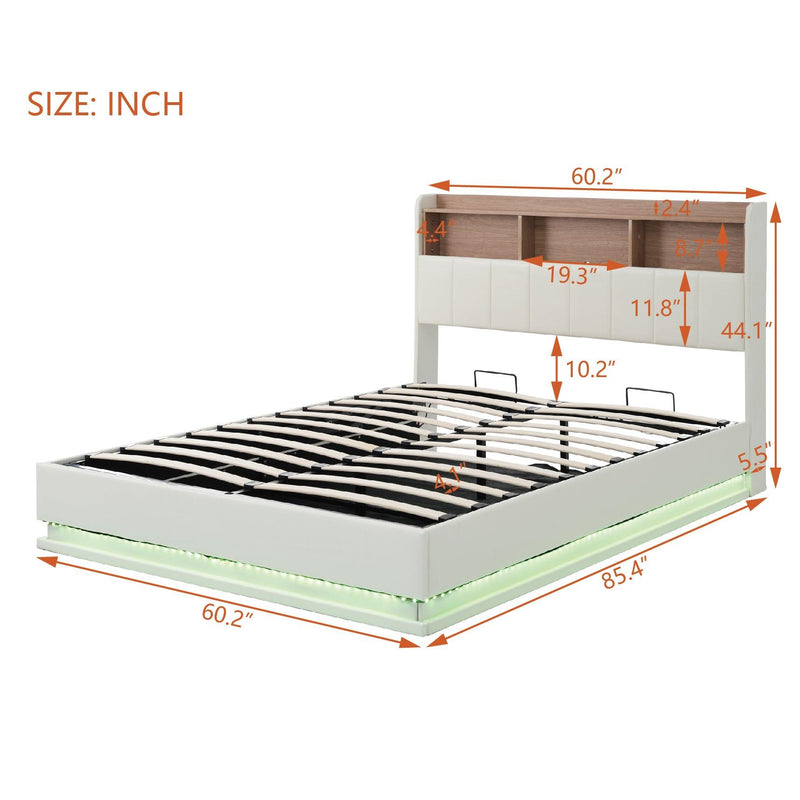 Queen Size Upholstered Platform Bed with Storage Headboard and Hydraulic Storage System, PU Storage Bed with LED Lights and USB charger, White - Supfirm