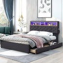 Queen Size Upholstered Platform Bed with Storage Headboard, LED, USB Charging and 2 Drawers, Dark Gray - Supfirm