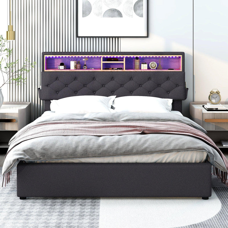 Queen Size Upholstered Platform Bed with Storage Headboard, LED, USB Charging and 2 Drawers, Dark Gray - Supfirm