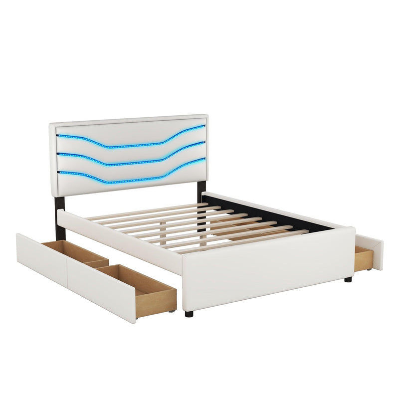 Queen Size Upholstered Storage Platform Bed with LED, 4 Drawers and USB Charging, White - Supfirm