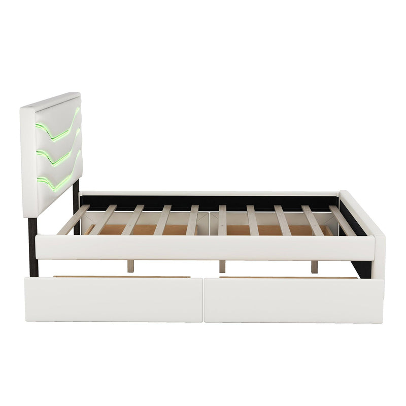 Queen Size Upholstered Storage Platform Bed with LED, 4 Drawers and USB Charging, White - Supfirm