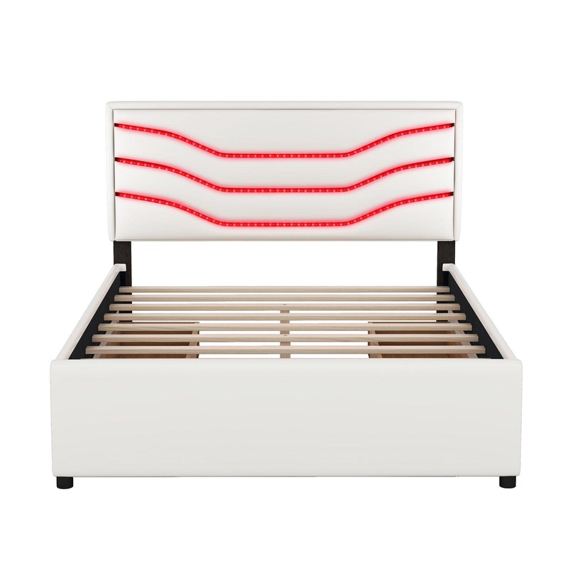 Queen Size Upholstered Storage Platform Bed with LED, 4 Drawers and USB Charging, White - Supfirm