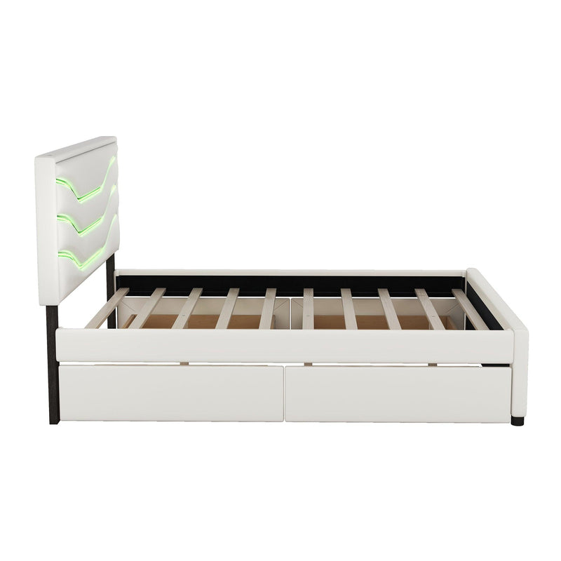 Queen Size Upholstered Storage Platform Bed with LED, 4 Drawers and USB Charging, White - Supfirm