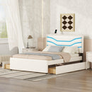 Queen Size Upholstered Storage Platform Bed with LED, 4 Drawers and USB Charging, White - Supfirm