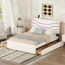 Queen Size Upholstered Storage Platform Bed with LED, 4 Drawers and USB Charging, White - Supfirm