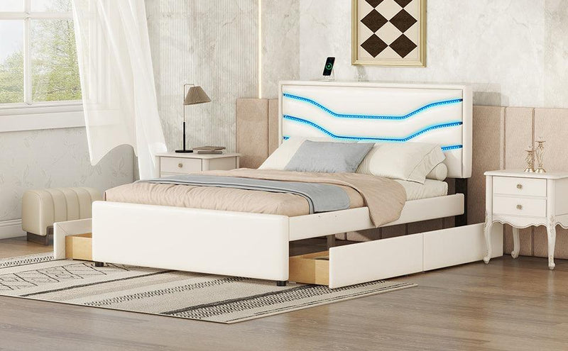 Queen Size Upholstered Storage Platform Bed with LED, 4 Drawers and USB Charging, White - Supfirm