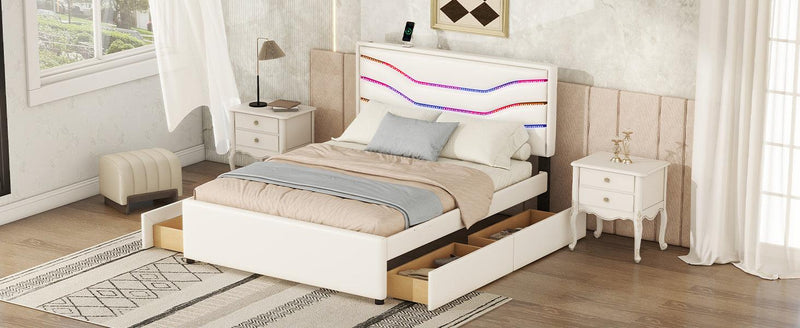 Queen Size Upholstered Storage Platform Bed with LED, 4 Drawers and USB Charging, White - Supfirm