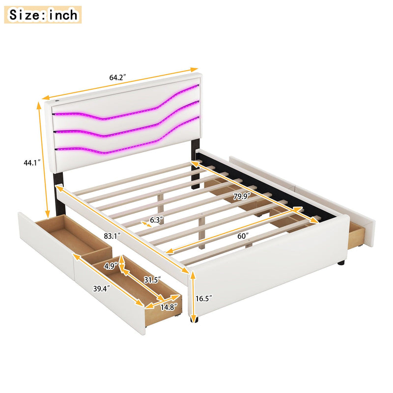 Queen Size Upholstered Storage Platform Bed with LED, 4 Drawers and USB Charging, White - Supfirm