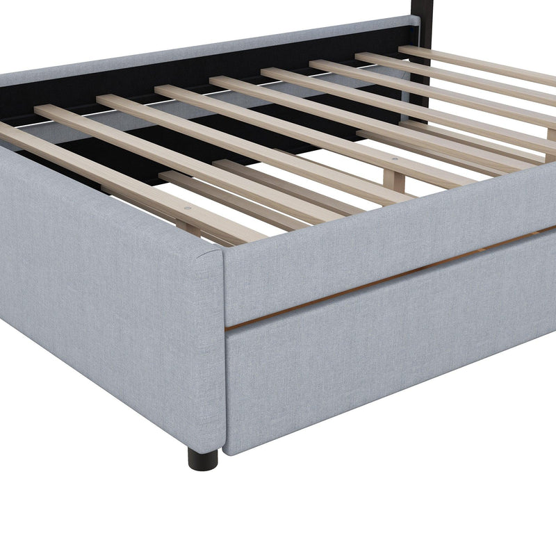 Queen Size Upholstered Storage Platform Bed with Twin Size Trundle, 2 Drawers, LED and USB Charging, Gray - Supfirm