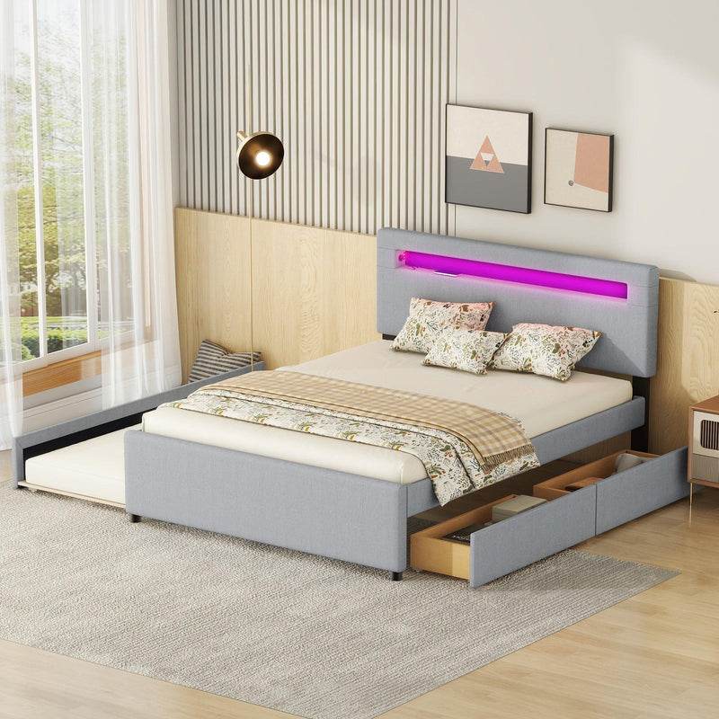 Queen Size Upholstered Storage Platform Bed with Twin Size Trundle, 2 Drawers, LED and USB Charging, Gray - Supfirm