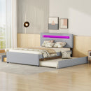 Queen Size Upholstered Storage Platform Bed with Twin Size Trundle, 2 Drawers, LED and USB Charging, Gray - Supfirm