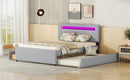 Queen Size Upholstered Storage Platform Bed with Twin Size Trundle, 2 Drawers, LED and USB Charging, Gray - Supfirm