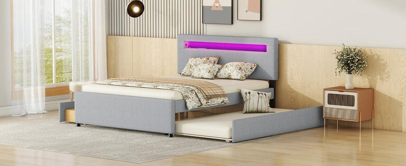 Queen Size Upholstered Storage Platform Bed with Twin Size Trundle, 2 Drawers, LED and USB Charging, Gray - Supfirm