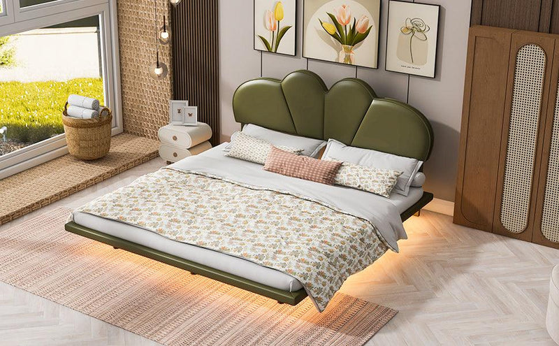 Queen Size Upholstery LED Floating Bed with PU Leather Headboard and Support Legs,Green - Supfirm