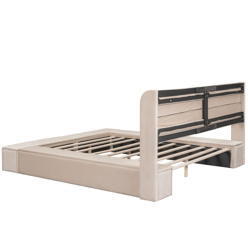 Queen Size Upholstery Storage Platform Bed with Storage Space on both Sides and Footboard, Beige - Supfirm