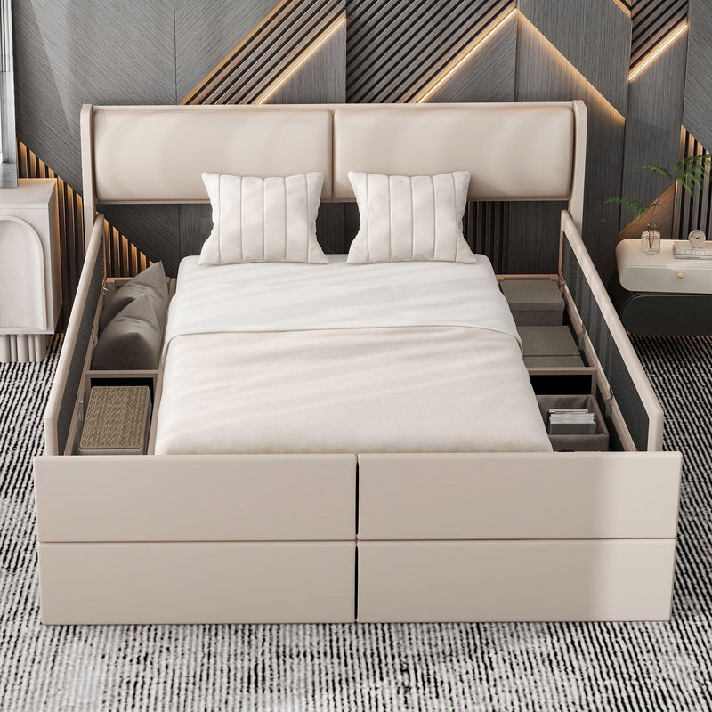 Queen Size Upholstery Storage Platform Bed with Storage Space on both Sides and Footboard, Beige - Supfirm