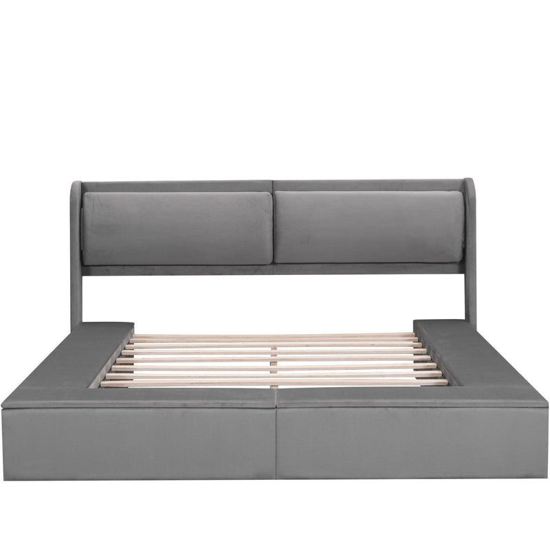 Queen Size Upholstery Storage Platform Bed with Storage Space on both Sides and Footboard, Gray - Supfirm