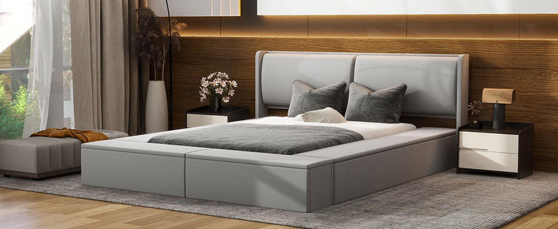 Queen Size Upholstery Storage Platform Bed with Storage Space on both Sides and Footboard, Gray - Supfirm