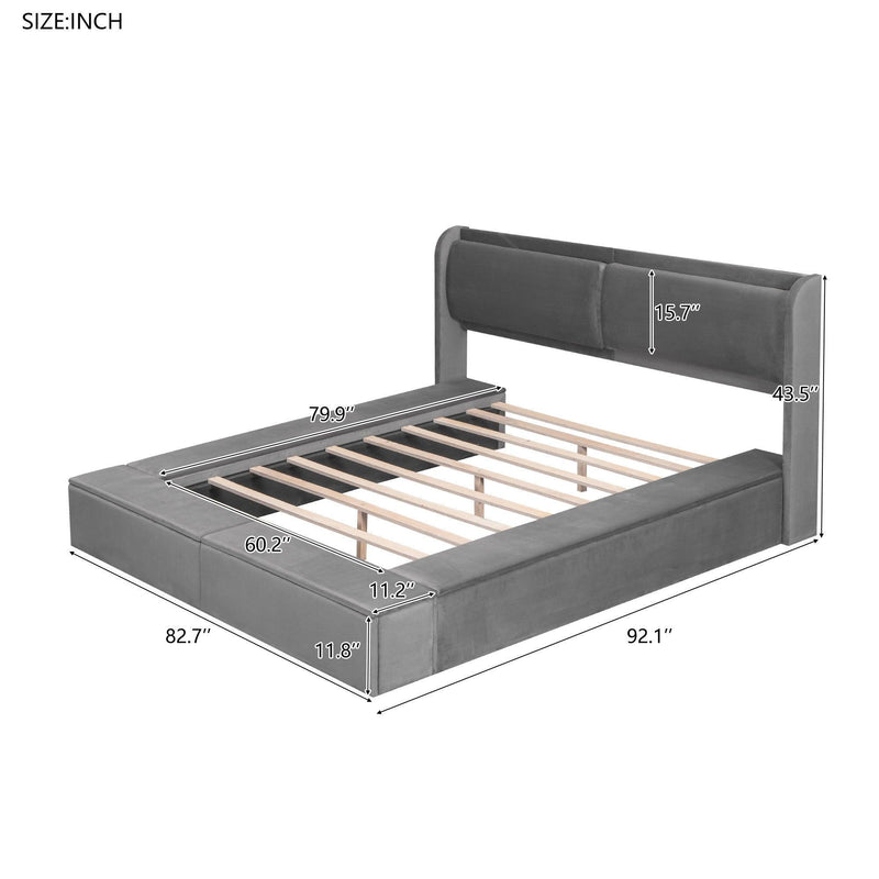 Queen Size Upholstery Storage Platform Bed with Storage Space on both Sides and Footboard, Gray - Supfirm