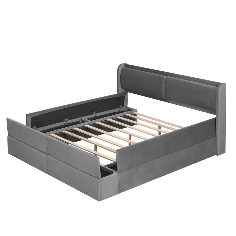 Queen Size Upholstery Storage Platform Bed with Storage Space on both Sides and Footboard, Gray - Supfirm