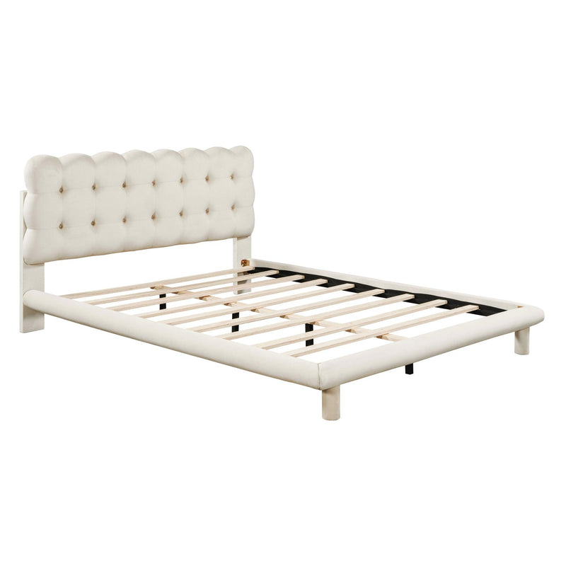 Queen Size Velvet Platform Bed with LED Frame, Thick & Soft Fabric and Button-tufted Design Headboard, Beige - Supfirm