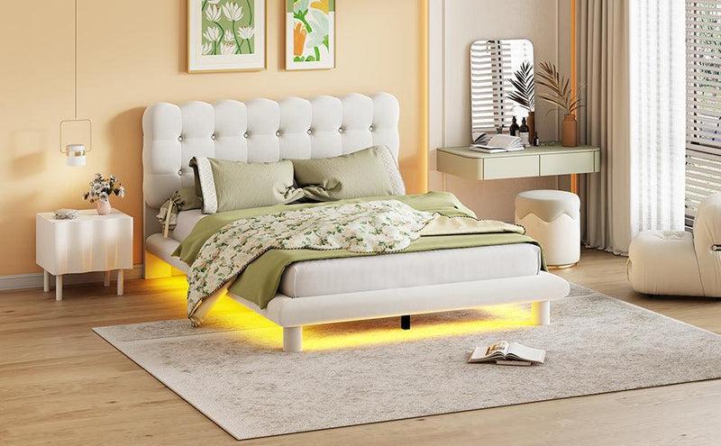 Queen Size Velvet Platform Bed with LED Frame, Thick & Soft Fabric and Button-tufted Design Headboard, Beige - Supfirm