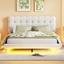 Queen Size Velvet Platform Bed with LED Frame, Thick & Soft Fabric and Button-tufted Design Headboard, Beige - Supfirm